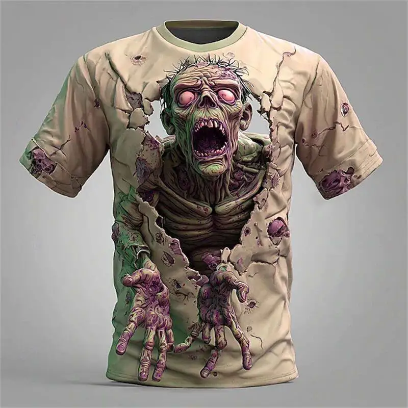 3D-T-Shirt mit Zombie-Print und gruseligem Loch-Effekt, kurzärmeliges, lustiges Halloween-Oberteil – Detail 6