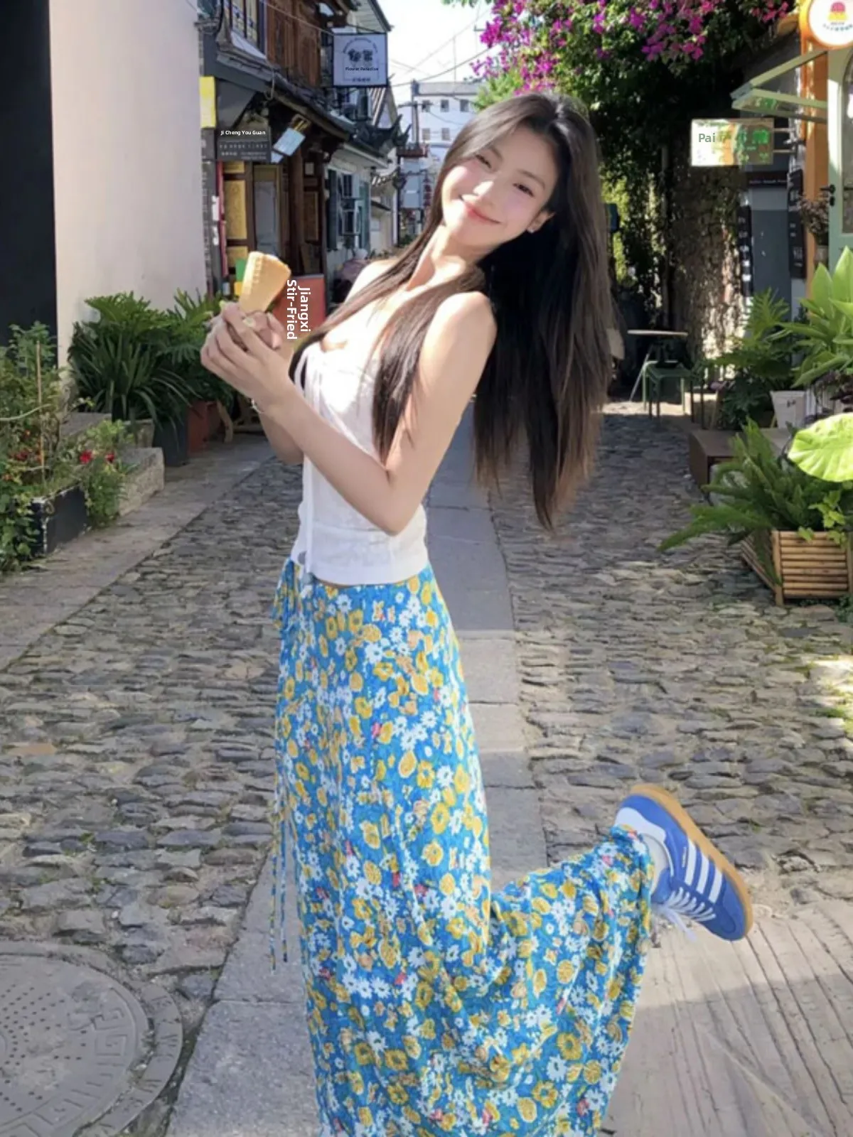 

Floral Halter Neck Crop Top And Skirt Set Sweet And Spicy Korean Style Summer Fashion Two Piece Women's Clothing Cotton Blend
