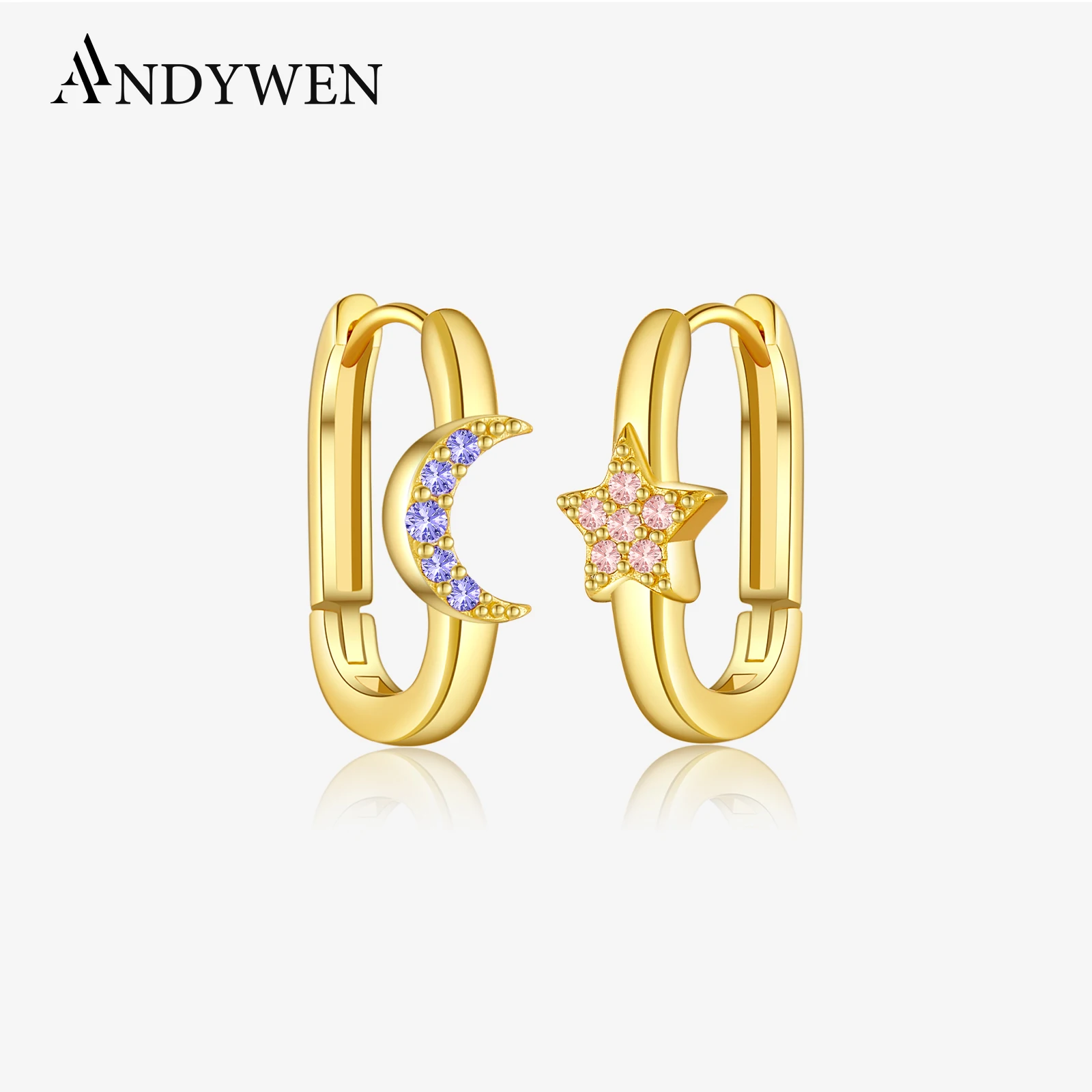 

ANDYWEN 925 Sterling Silver Star Moon Purple Light Pink Zircon Oval Hoop Earring Piercing Women 2024 Luxury Fine Jewelry Gift