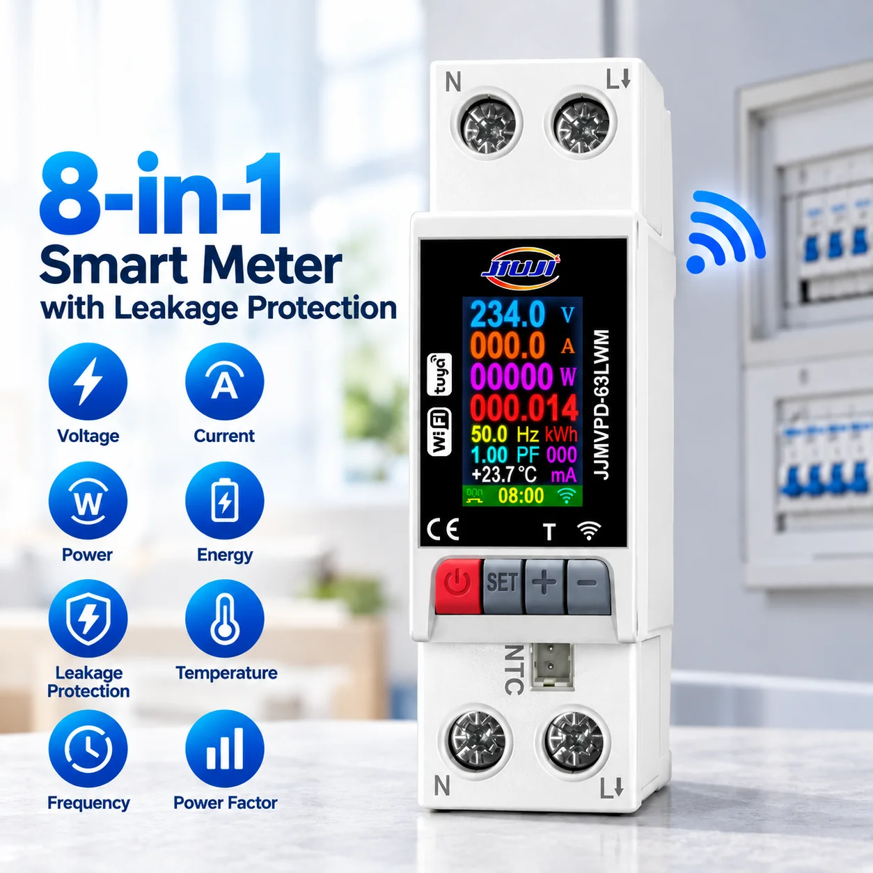 8 In 1 Smart Leakage Protector Multi-function AC Energy Meter Color Screen Voltage Current Temperature Power Consumption Monitor