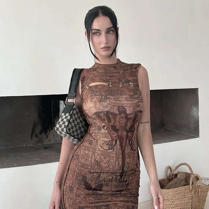 European and American hot girls 2024 summer new fashion print round neck sleeveless casual long slim dress