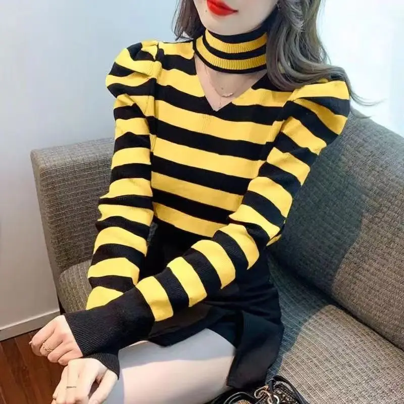 Women Trendy Hollow Striped Half High Collar Basic Knitwears Autumn Winter Korean Long Sleeve Slim Pullover Tops Casual Jumpers