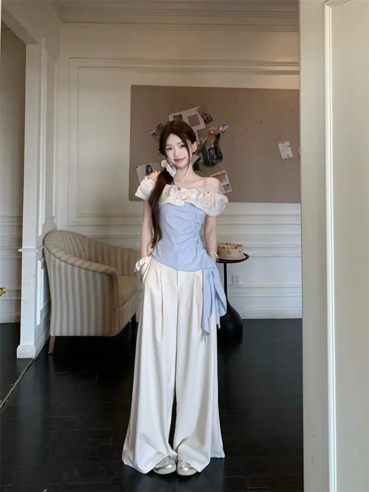 Elegant Floral Slim Fit T-Shirt And Pants Set Women's Summer Fashion Casual Wear Floor Length One Shoulder Top French Style
