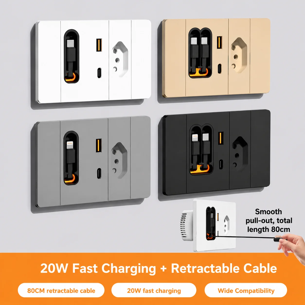 ELEGAN 20W Fast Charging Wall Charger with Dual Retractable USB-C Cables,Type-C PD & USB-A,Brazil socket with retractable cable
