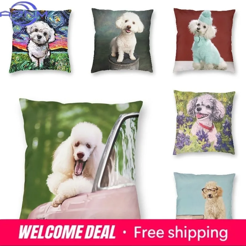 Pink Convertible Pillowcase White Poodle Home Decor Dog Lover Sofa Cushion Cover Living Room  Bedroom