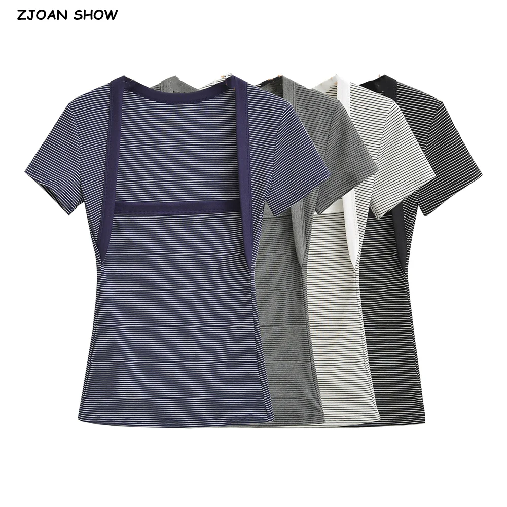 

4 colors 2025 Summer Contrast Color Horizontal Striped Pullovers Crop Tee Square Collar Short Sleeve T-shirts Slim Crop Top