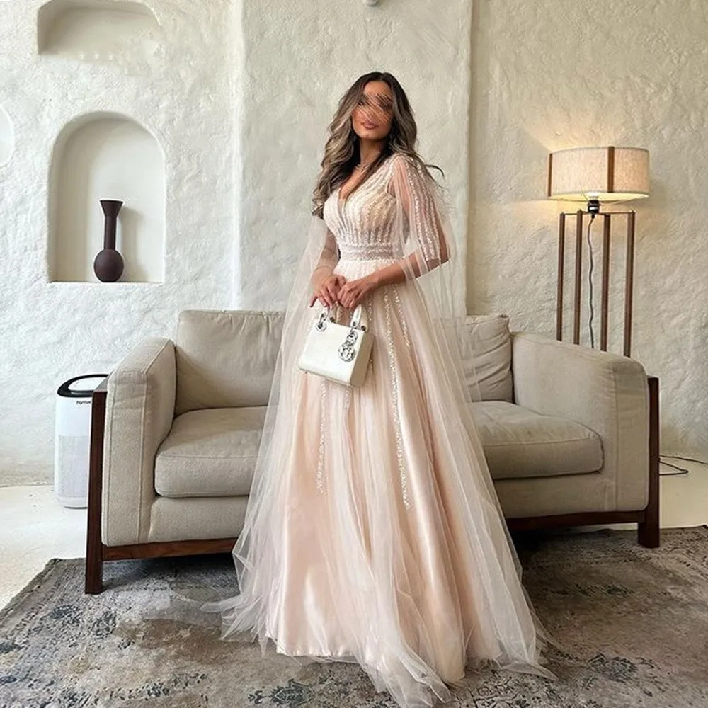 Amanda Luxury Gliiter Beige Prom Dress 2023 Shiny Sequins Ball Gown Vestidos De Noche Court V-neck A-line فساتين مناسبة رسمية