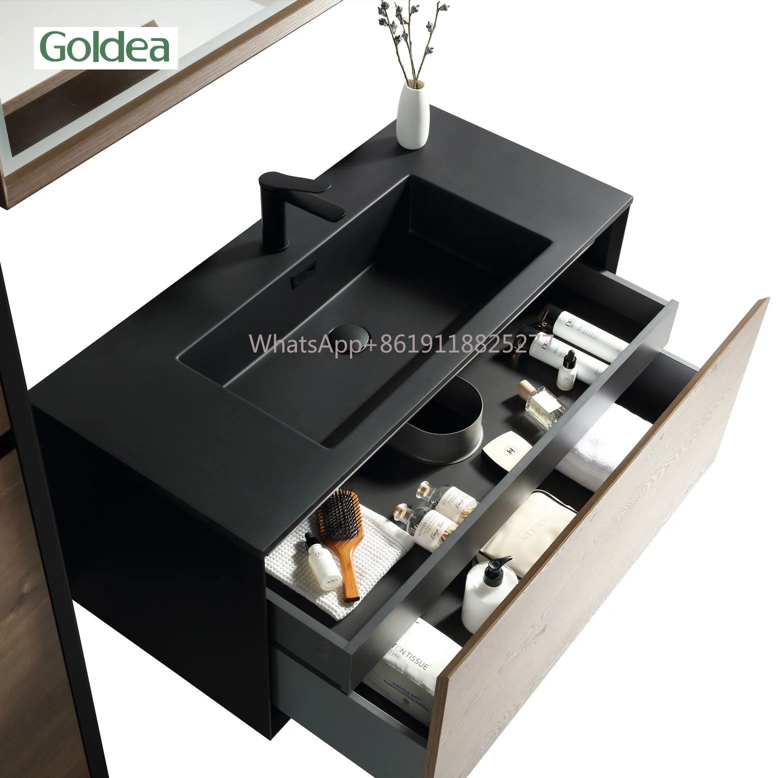 Goldea 2024 canton fair exhibits wood surface melamine black metal surround bathroom cabinet YBC205C-080