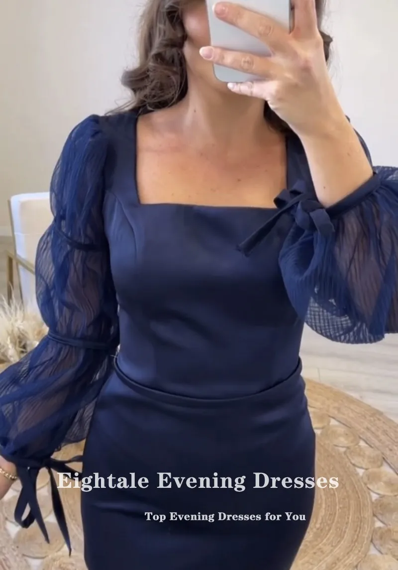Eightale Navy Blue Evening Dress Puffy Sleeves Satin Mermaid Prom Party Gowns Customized dresses for women