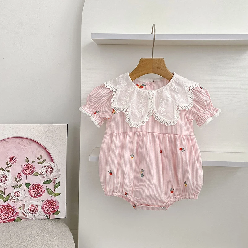 2026 Summer 0-24M Baby Girl Embroidery Collar Bodysuit 2-6Yrs Kid Sweet Party Short Sleeves Lace Collar Dress Pink Sister Dress view 6