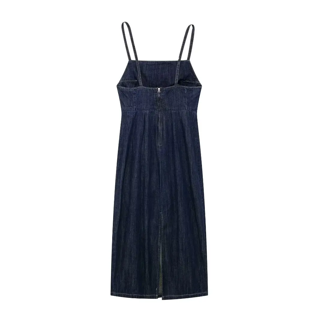 Women's 2024 New Chic and Stylish Denim Long Suspender Dress Retro Backless Thin Shoulder Strap Women's Dress Mujer