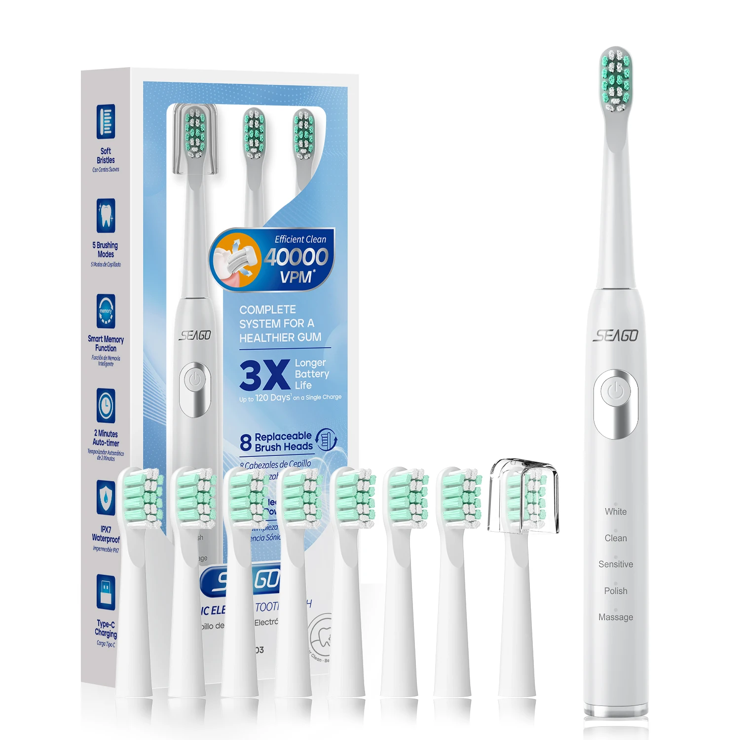 Seago Rechargeable Electric Toothbrush Sonic Tooth Brush Ultrasonic  Type C 5 Modes Supercharged  Smart LED Indicator Adult IPX7