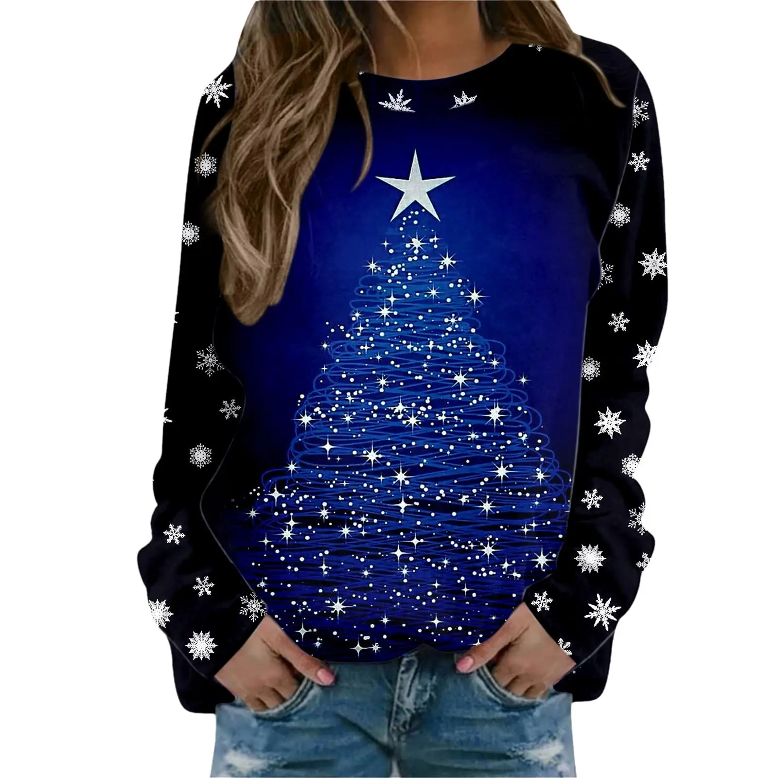 Women\'s Sweatshirt Designer Round Neck Long Sleeve Fashion Casual 3D Stitching Sleeves Christmas Tree Pattern Printed Top