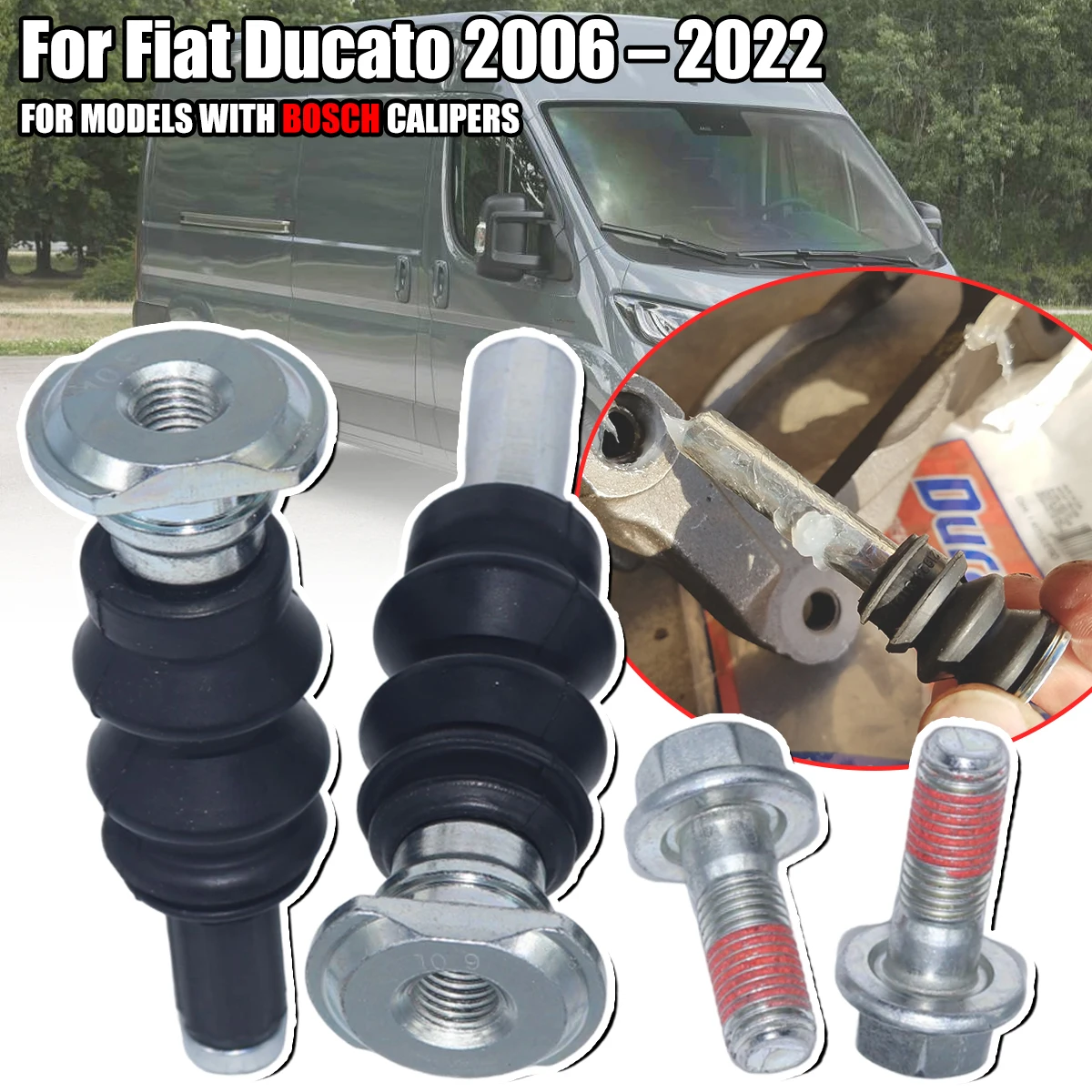 

For Fiat Ducato 2006 - 2022 Rear Brake Caliper Slider Guide Pins Bolt Kit Left Right Disc Housing Bellows Sleeve Bushing Seal