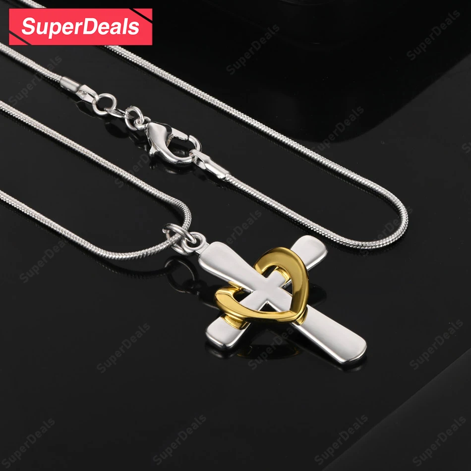 

SuperDeals 925 Sterling Silver Cross Gold Heart Pendant Necklace Birthday Gift Wedding Party Fashion Trend Jewelry Accessories