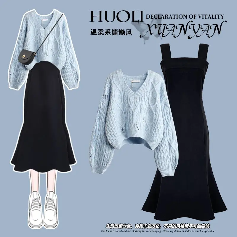 Autumn Winter Wear Suit New Hole Knitted Sweater Matching Sling Dress Two-piece Set Elegant Vintage