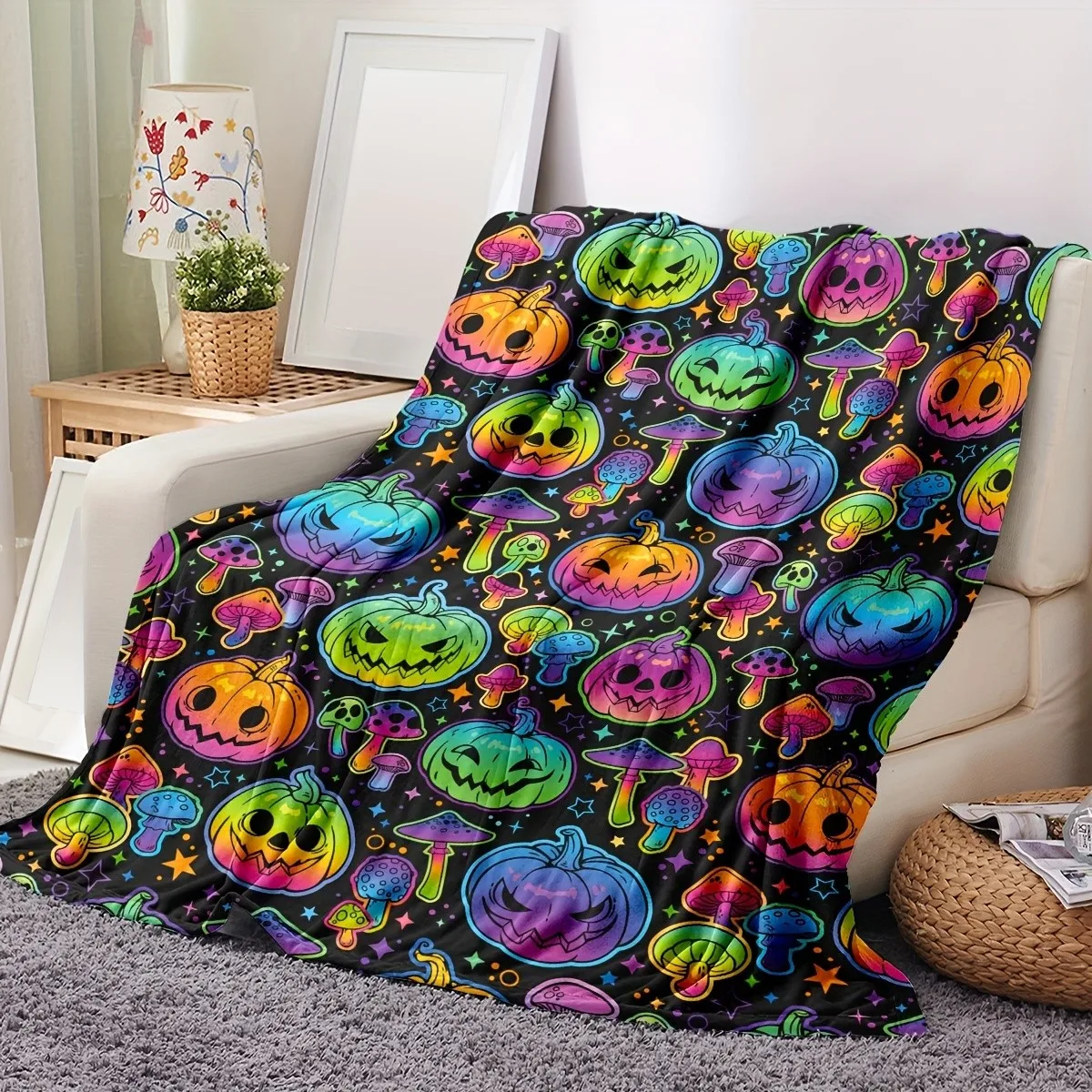 Halloween Pumpkin Mushroom Flannel Blanket Dazzling 3D Print Multifunctional Home Blanket