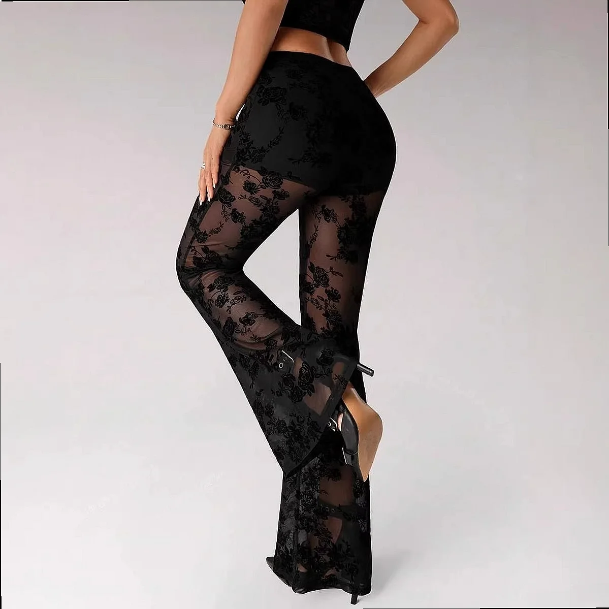 High Waist Lace Patchwork See Through Pants Sexy Flared Trousers Palazzo Pants Spring Summer