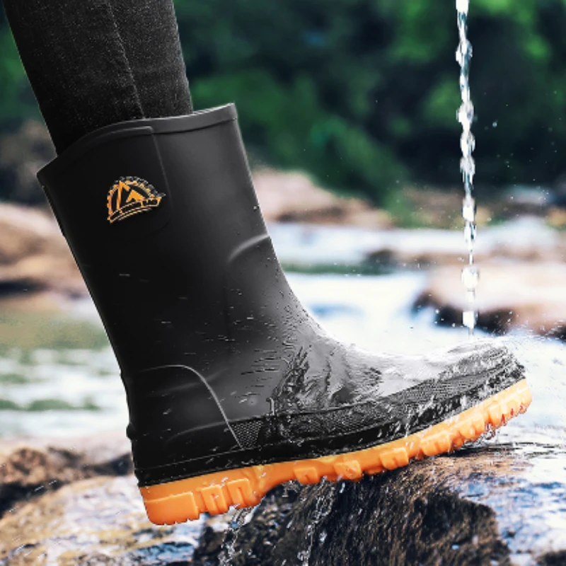Men's Waterproof Rain Shoes Anti Slip Mid Tube Fashionable Rubber Shoes Korean Version with Casual Foot Covers Zapatillas Male