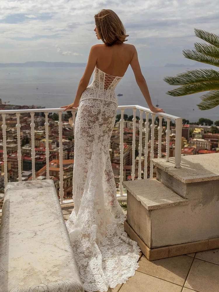 White Lace Spaghetti Strap Wedding Dress Corset Boned Bodice High Slit Mermaid Bridal Gown Backless Floor‑Length Beach Dress
