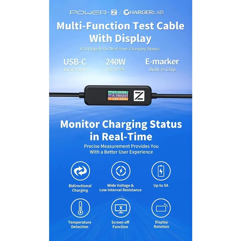 Power-Z AK001 Multi-Function 240W USB PD Charging Test Cable with Color Display Compatible with USB-C Devices (1.5M/5FT)