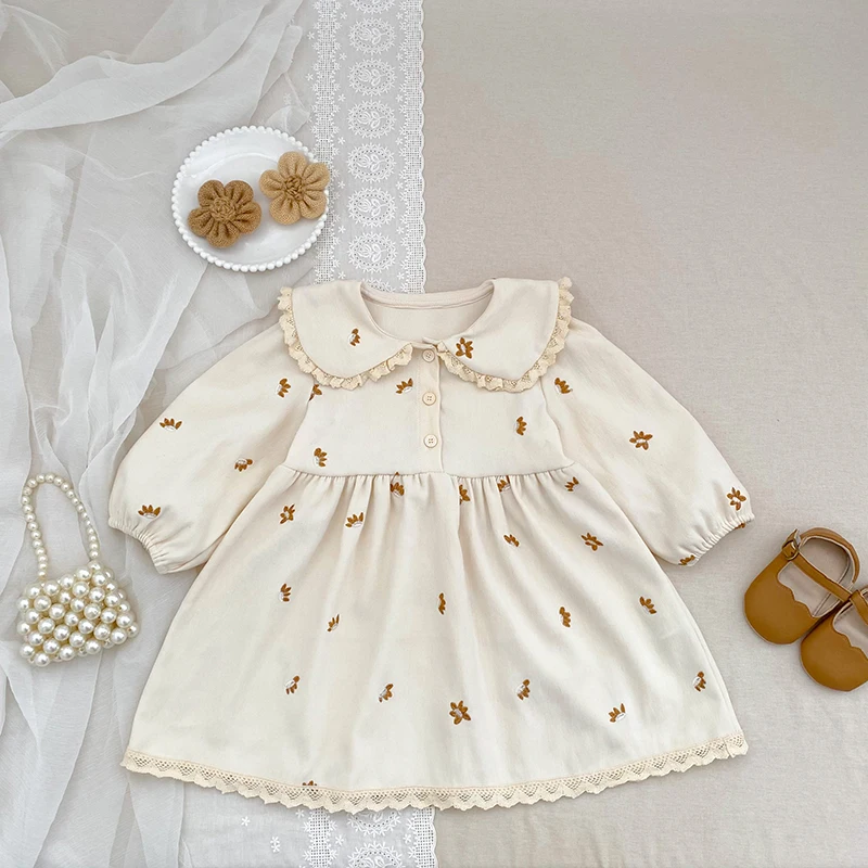 2026 Baby-Mädchen-Kleid mit langen Ärmeln, koreanischer Stil, Kragen, Spitze, Blumenstickerei, Baumwolle, Kleinkind-Prinzessinnenkleid, Herbst-Kinderkleidung – Detail 4