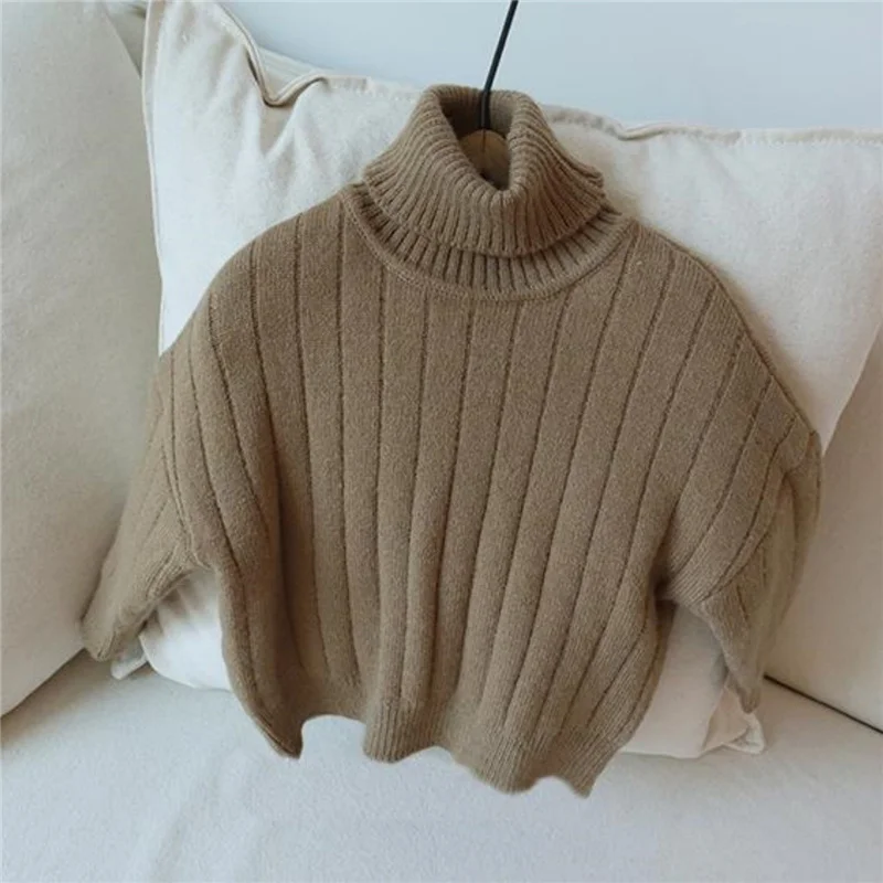 Girls Boys Fleece Lined Sweaters Kids Warm Knitting Pullovers Baby Solid Color Basic Long Sleeve Knitwear Turtleneck Undershirt