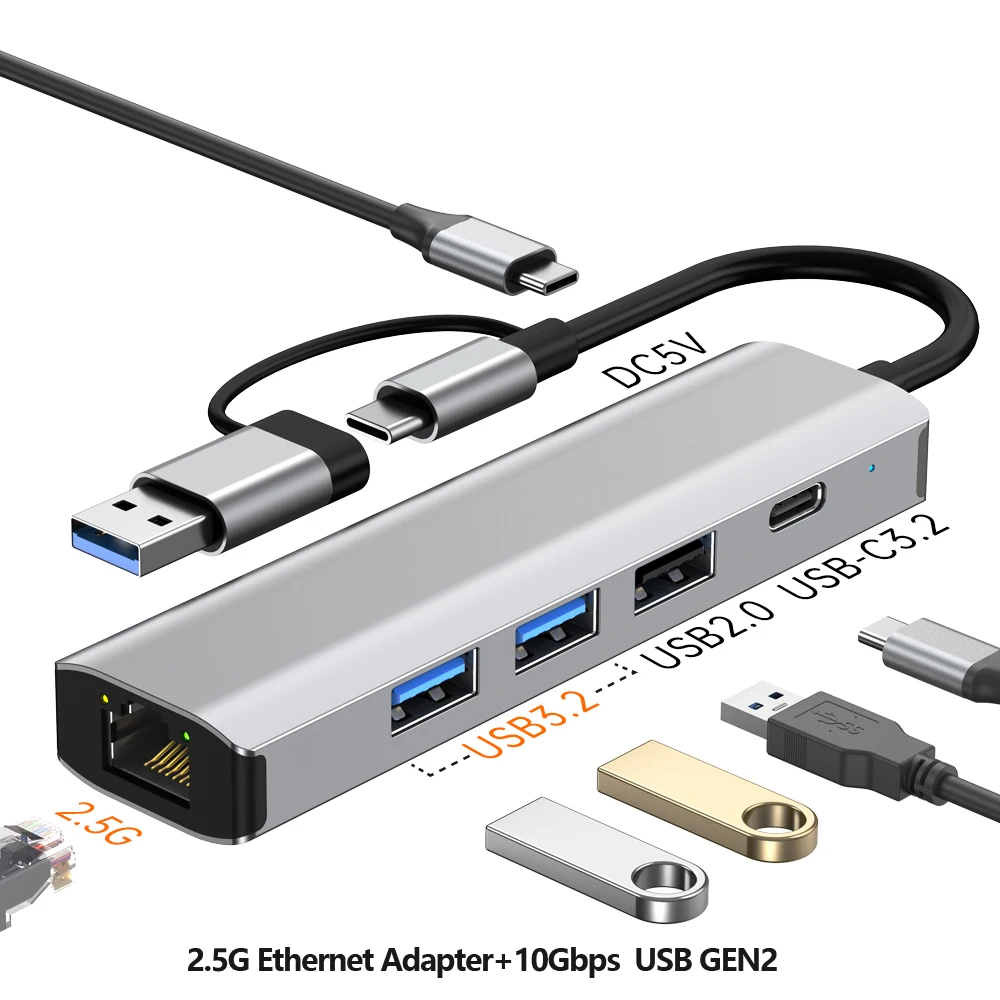 

Tebe USB-A/USB-C 2.5G/1000Mbps Ethernet Adapter USB C to 2.5G Gigabit Ethernet 10Gbps Gen 2 USB 3.2 Hub Splitter for Macbook Pad