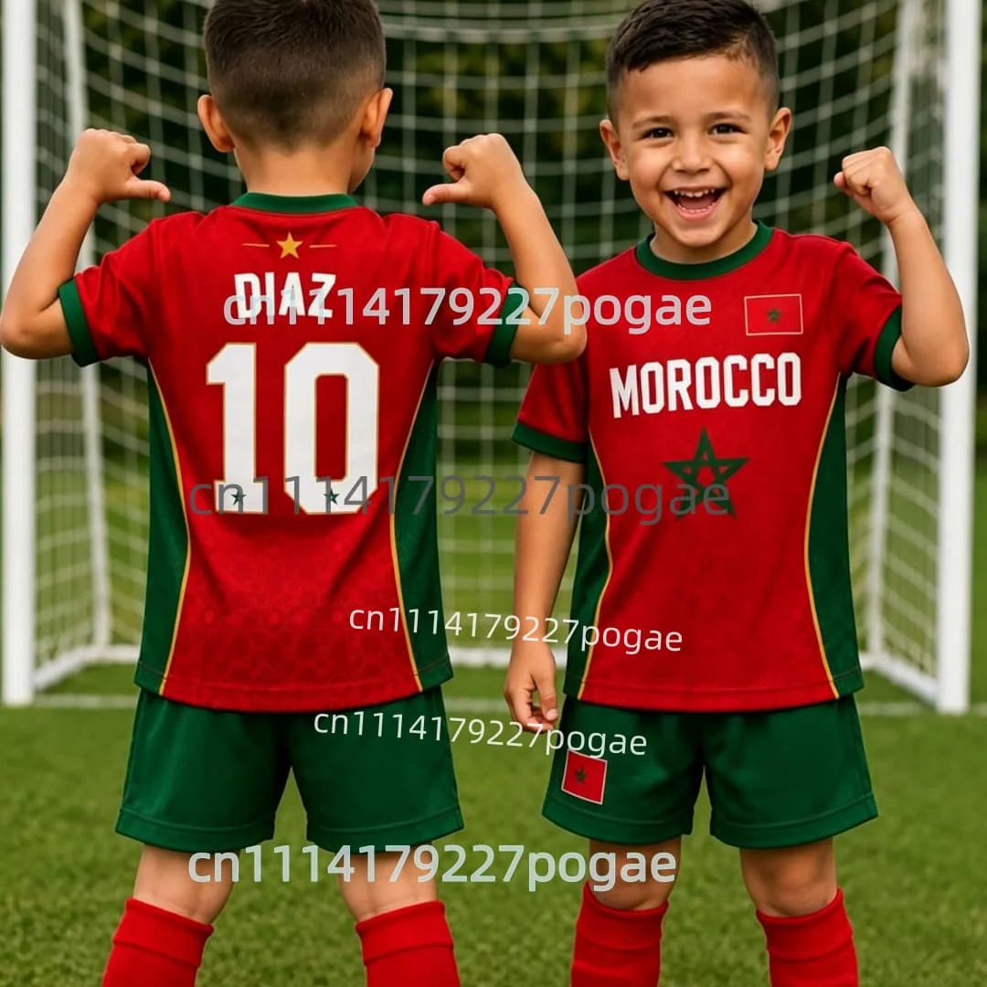 2026 Morocco Kids Soccer Jersey Set Moroccan Football Shirt Shorts Kit For Boys Girls Youth Breathable Training Tracksuit