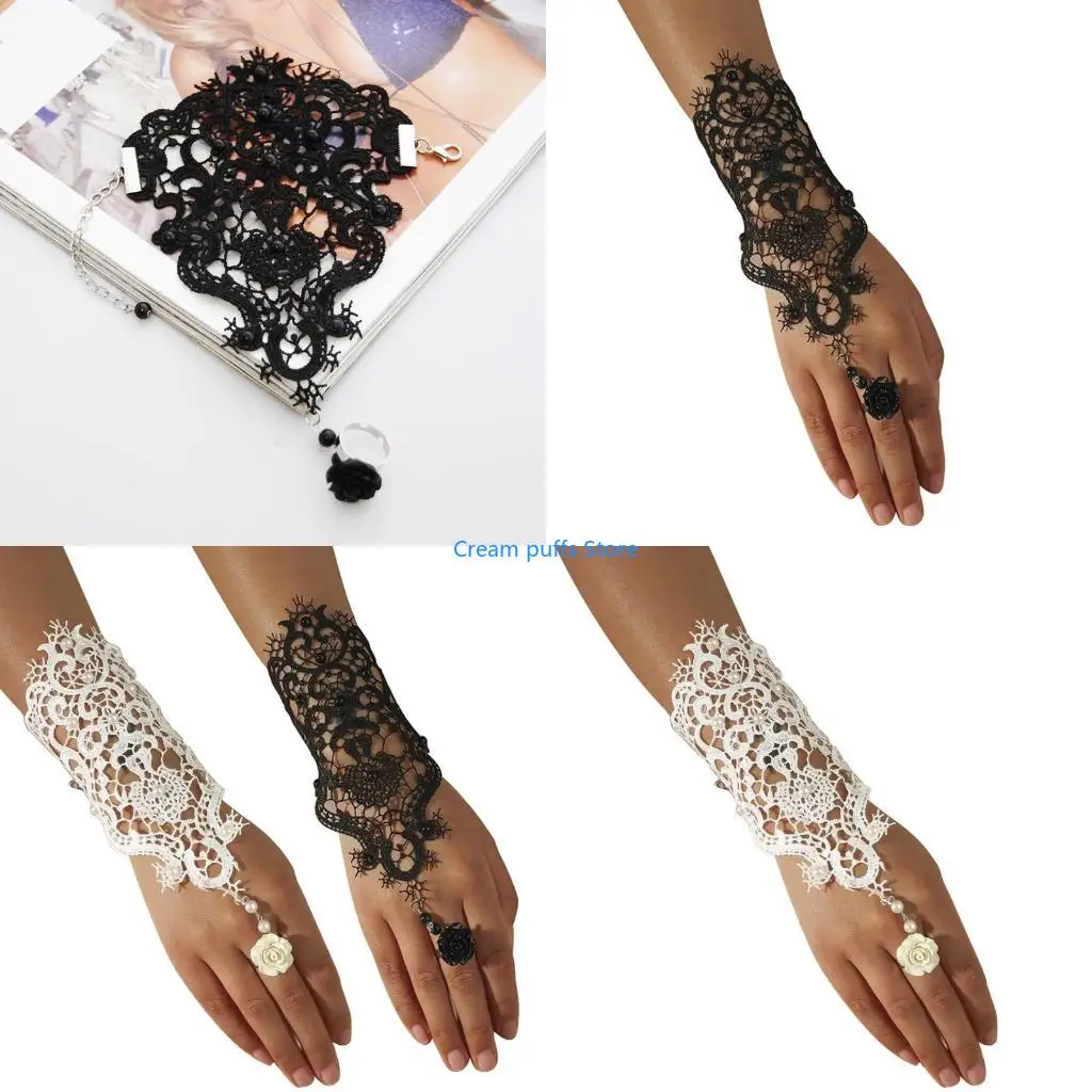 50LE Wedding Bridal Black White Gloves Lace Bracelet Flower Decor Adjustable Ring Set