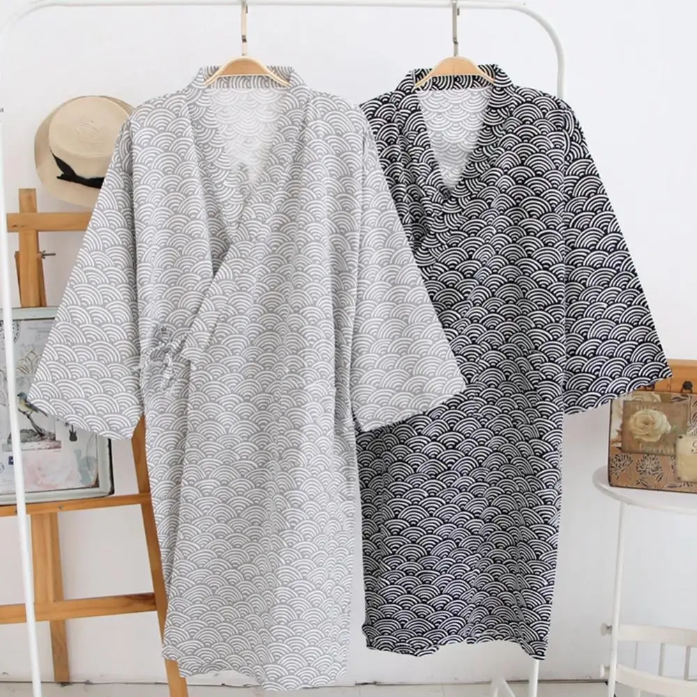 

New Men's Robes Printed Bathrobe Fashion Kimono Robe Men Pajamas Thin Medium Length Home Wear Casual Loose Cotton Nightgown