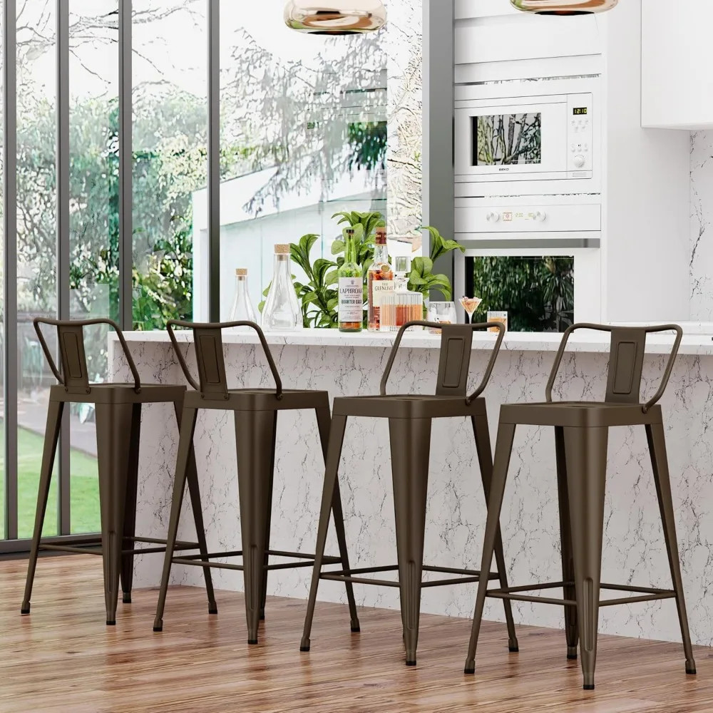 مجموعة مقاعد بار معدنية فضية داخلية/خارجية مكونة من 4 قطع، كراسي ذات ارتفاع مضاد للحانات وجزر المطبخ #6