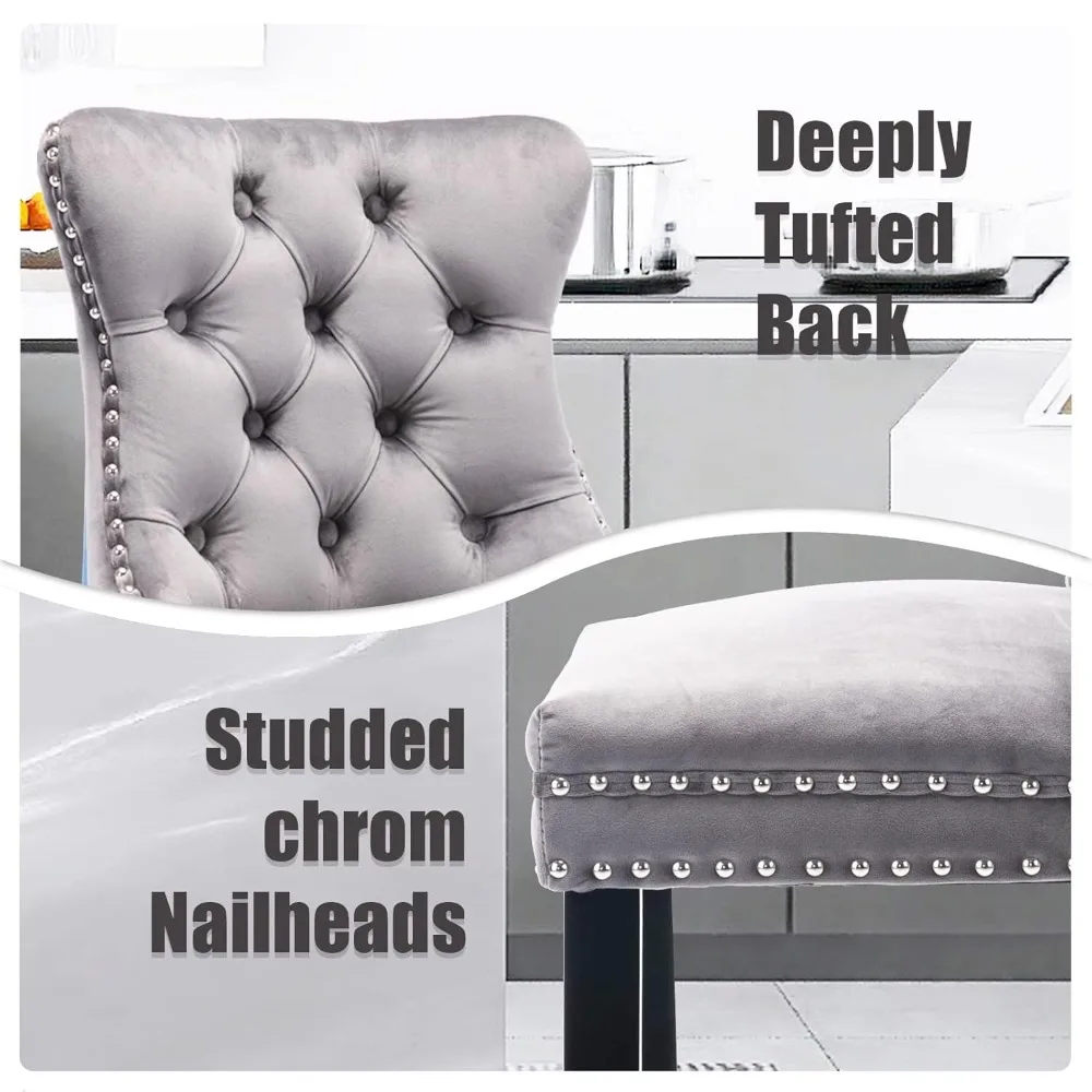 

Modern Velvet Upholstered Bar Stools Set of 4 with Wood Legs, Button Tufted, Chrome Nailhead, Counterstool Seat, Armless Bar