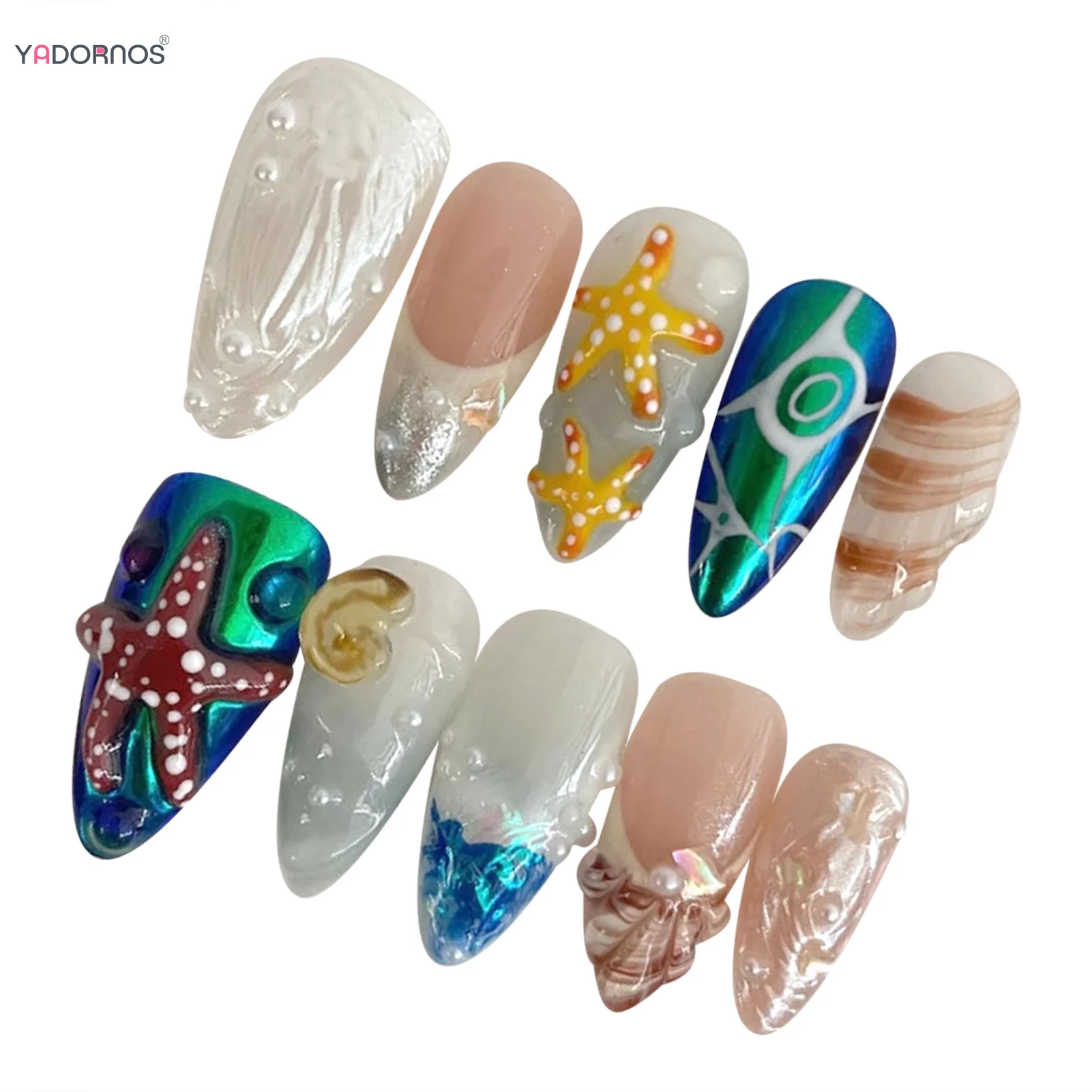 10pcs Underwater World Handmade False Nails Cute Hand-paint 3D Seashell Starfish French Style Press On Nails Almond Fake Nail