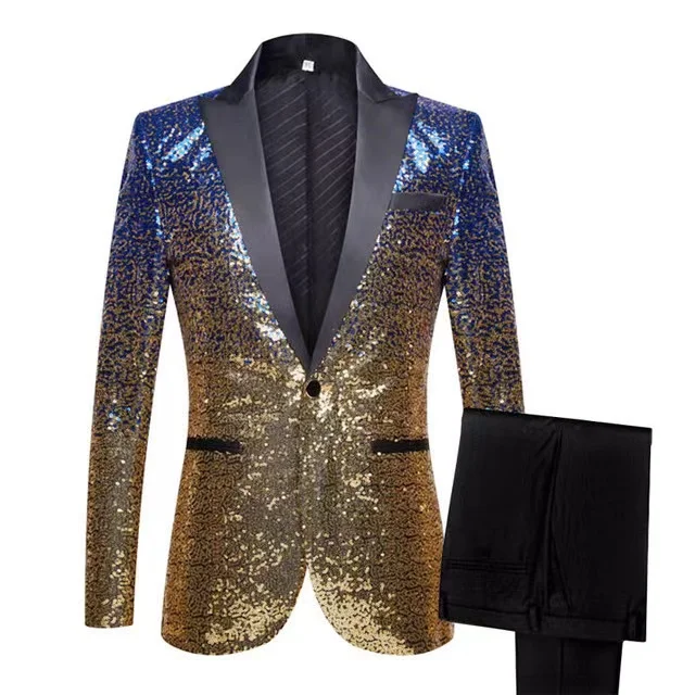 

Gold Silver Sequins Tuxedo Blazer Coat+Black Pants 2pcs Suit Male Host Singer Stage Performance Set Wedding Groom Club Outfit