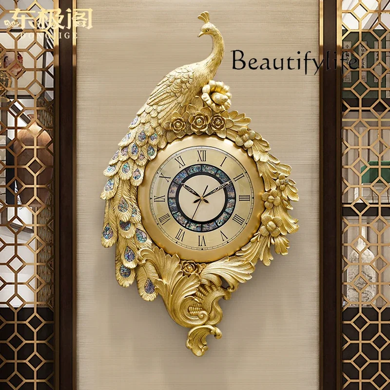 Brass Peacock Villa Wall Clock European Entry Lux Home Living Room Clock Pure Art Brass Clock