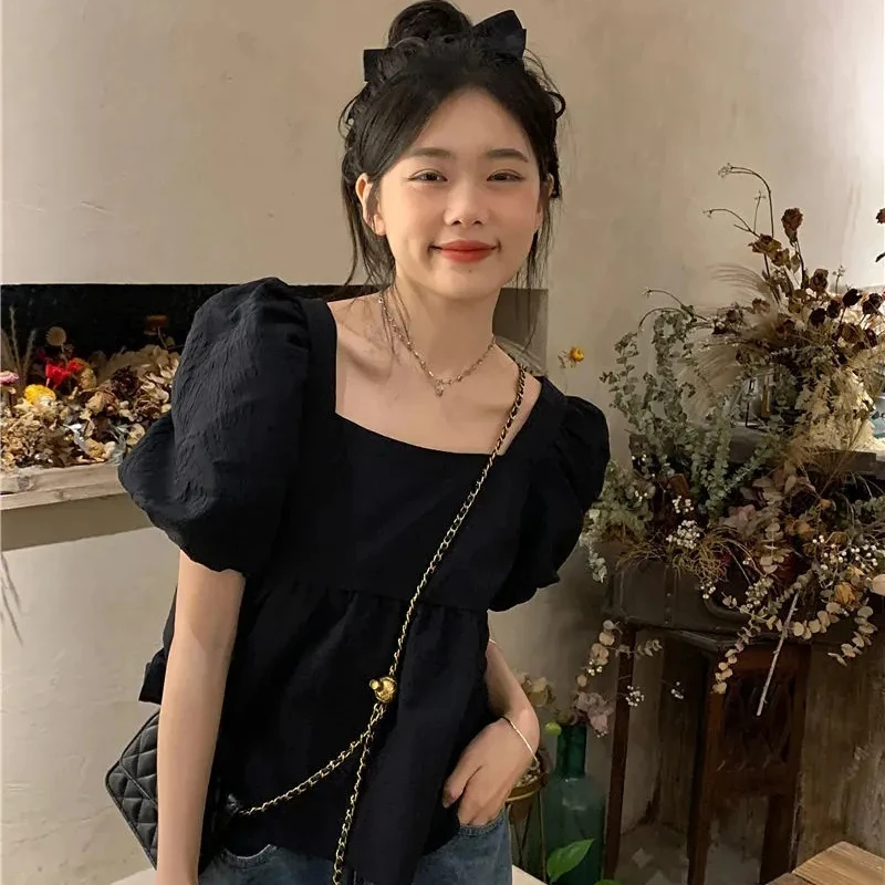 Korean Solid Women Crop Shirt Sweet Folds Puff Short Sleeve Female Blouse Summer New Preppy Style Loose Square Collar Ladies Top