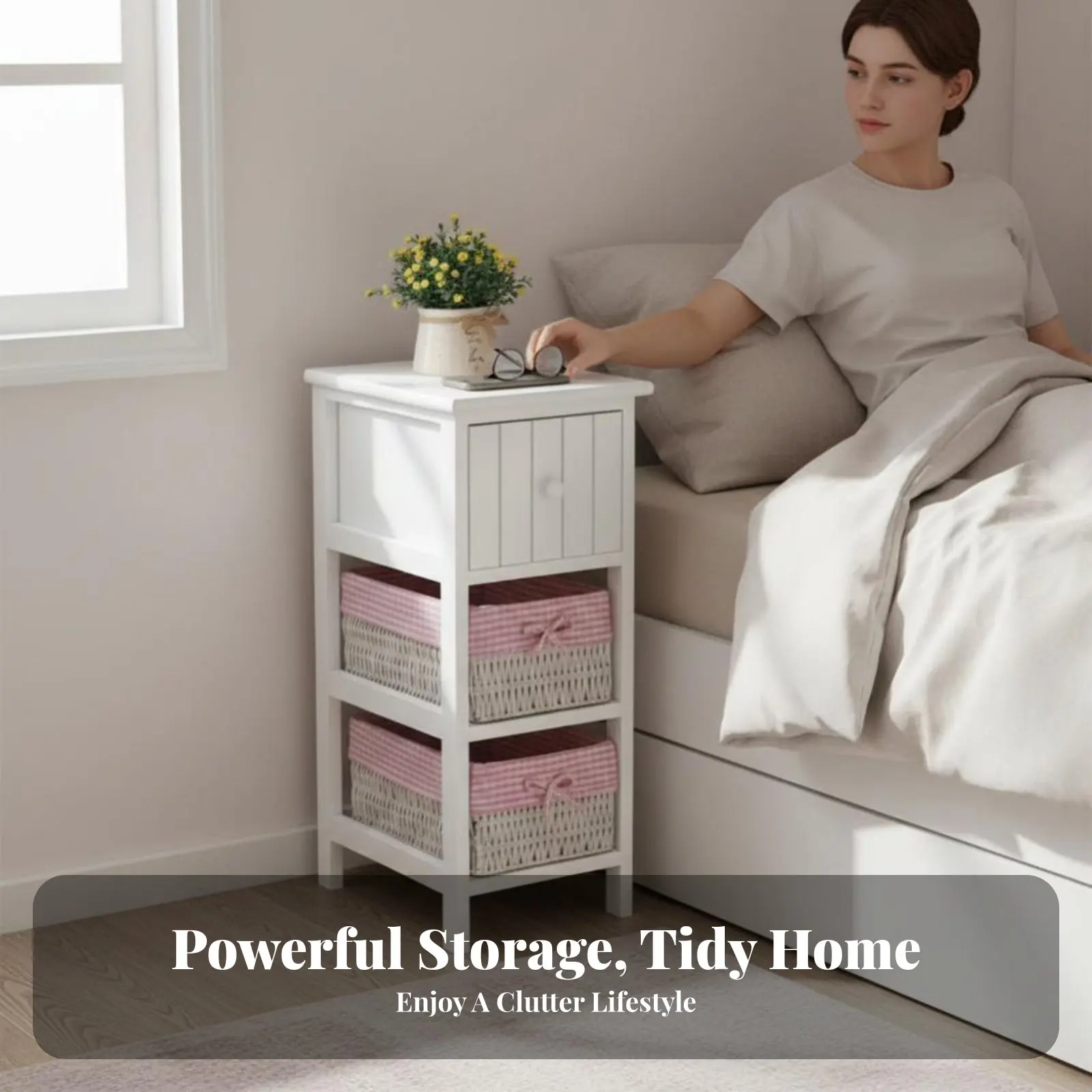 Narrow Rattan Nightstand Space-Saving Side Cabinet Slim Outsideline Woven Drawer Front for Apartment Dwellers, Homeowners