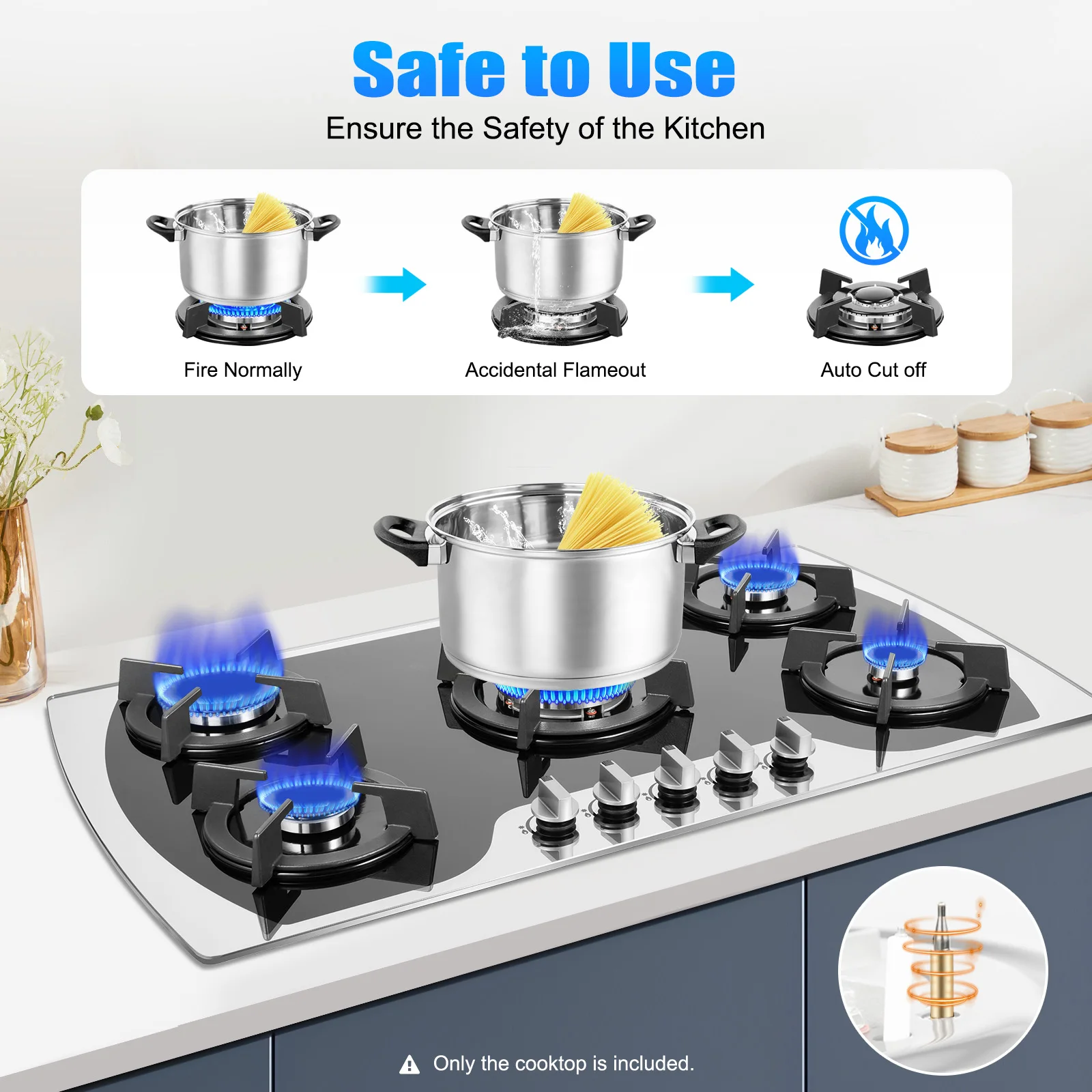 5 Burners Gas Cooktop Tempered Glass 180° Fire Control Electronic Pulse Ignition Gas Hob for Kitchen