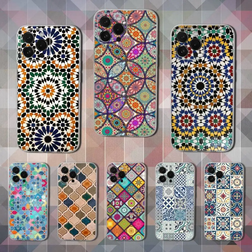 

Cool Art Tile Moroccan Phone Case For iPhone 16,15,14,13,12,11,17 Pro,Max,Plus,X,XS,XR,SE,Mini Transparent Soft Cover