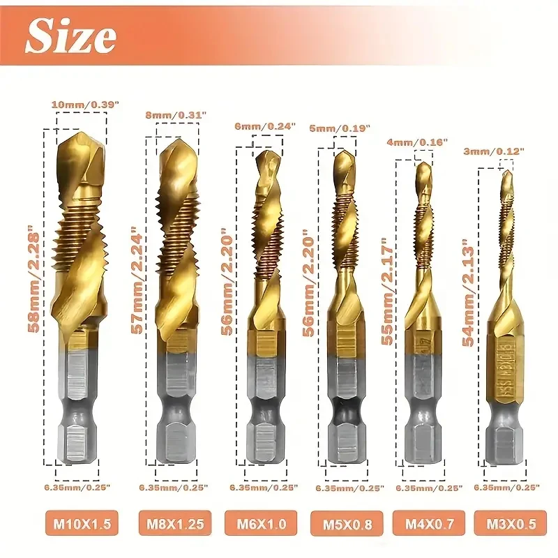 6-Piece Titanium-plated High Speed Steel Tapping Drills - M3 to M10 - Hand Tools for Thread and Machine Composite Tapping