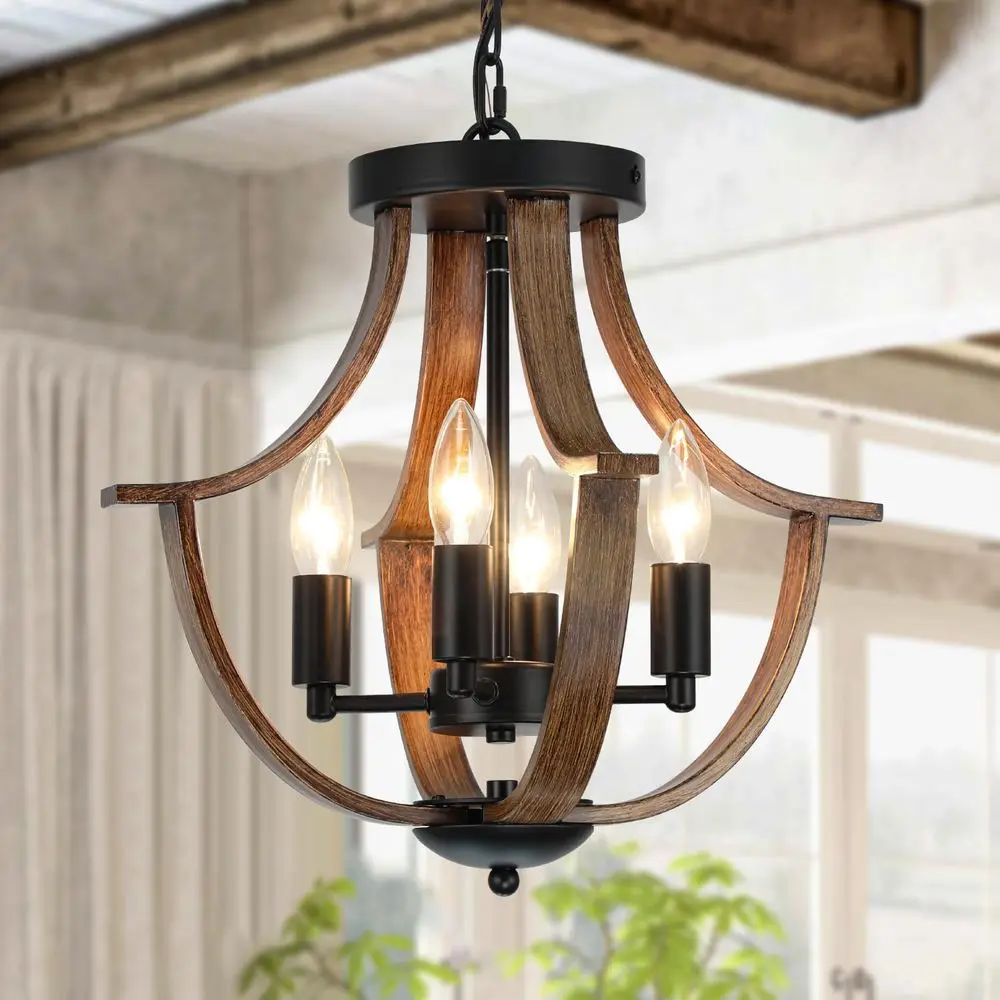 

4-Light Rustic Wooden Pendant Light Fixture for Kitchen, Dining Room, Island, Hallway, and Bedroom