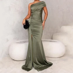 Ellafads Maxi Dress 2024 Women Summer Solid One Shoulder Sleeveless Backless Irrgular Slit Nipped Waist Slim Mermaid Long Dress