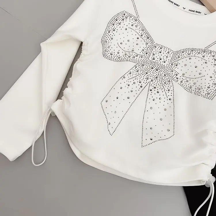 Kids Girls Rhinestone T-shirts Bow Printed Drawstring Crop Tops Black White 2024 New Spring Autumn Undershirts Korean Style