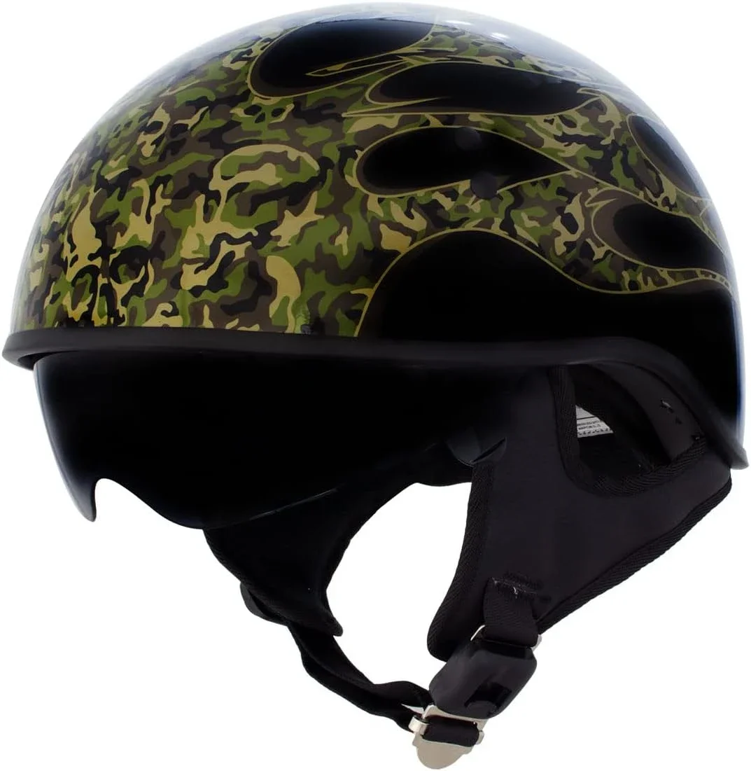 

Advanced DOT Gloss Black Camo Skull Flames Skull Half Helmet with Drop Down Tinted Visor - HLD1047