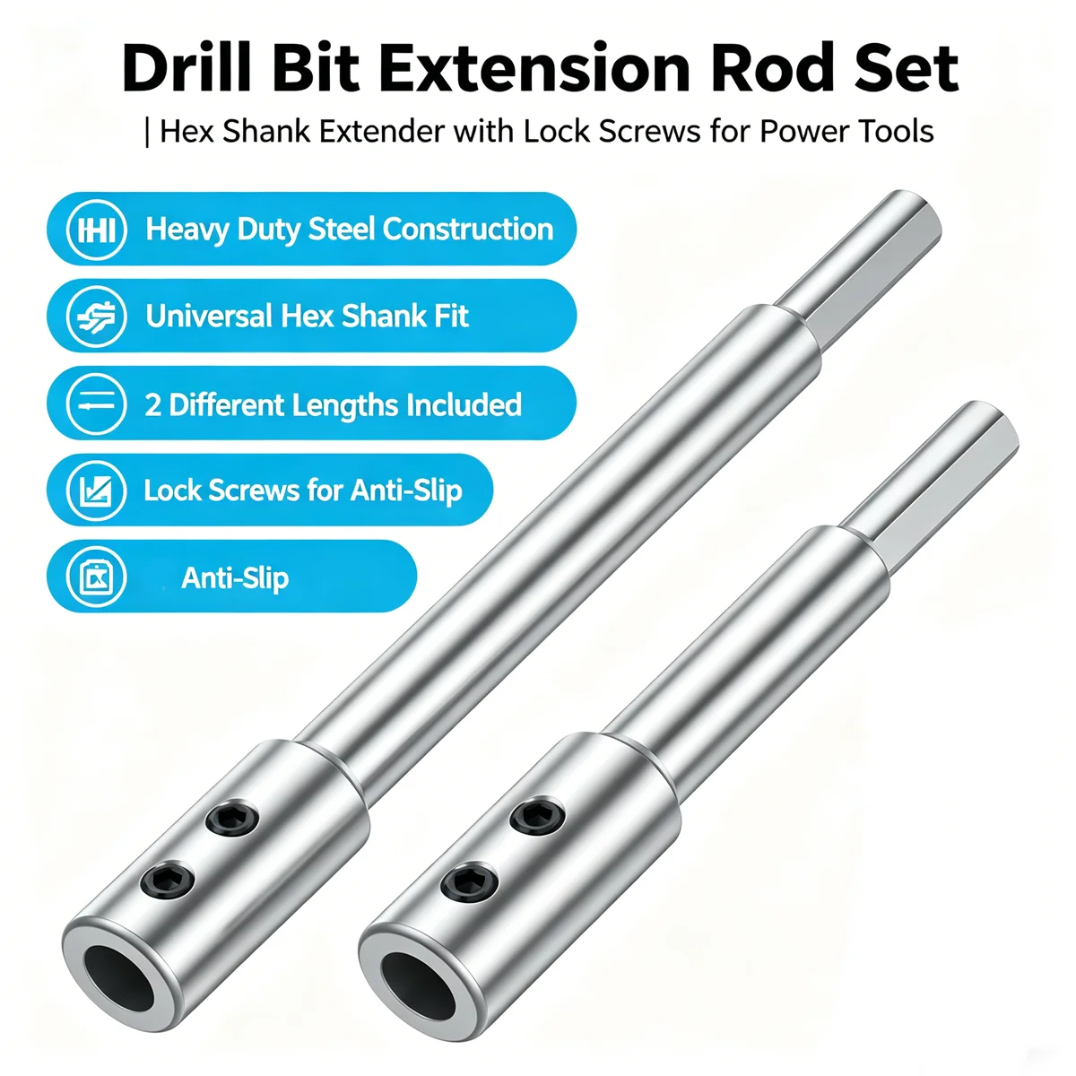 

2Pcs Heavy Duty Solid Steel Drill Bit Extension Rod 4.5" & 7" 3/8" Shank for Forstner Bit with Hex Wrenches Woodworking