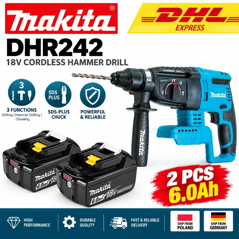 Makita DHR242 18V LXT SDS Plus Bohrhammer, bürstenloser Akku-Bohrhammer, 24 mm Betonkapazität, 4700 IPM 2,0 J, 3-Modus-Profielektrowerkzeug, passend für BL1860B BL1850B BL1815, EU-Lager, schneller