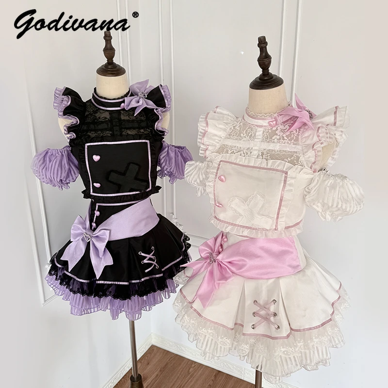 

Оригинальная одежда для пения с разрезом, милая милая рубашка с короткими рукавами для девочек в японском стиле, укороченный топ, мини-юбка, комплект из 2 предметов, наряды