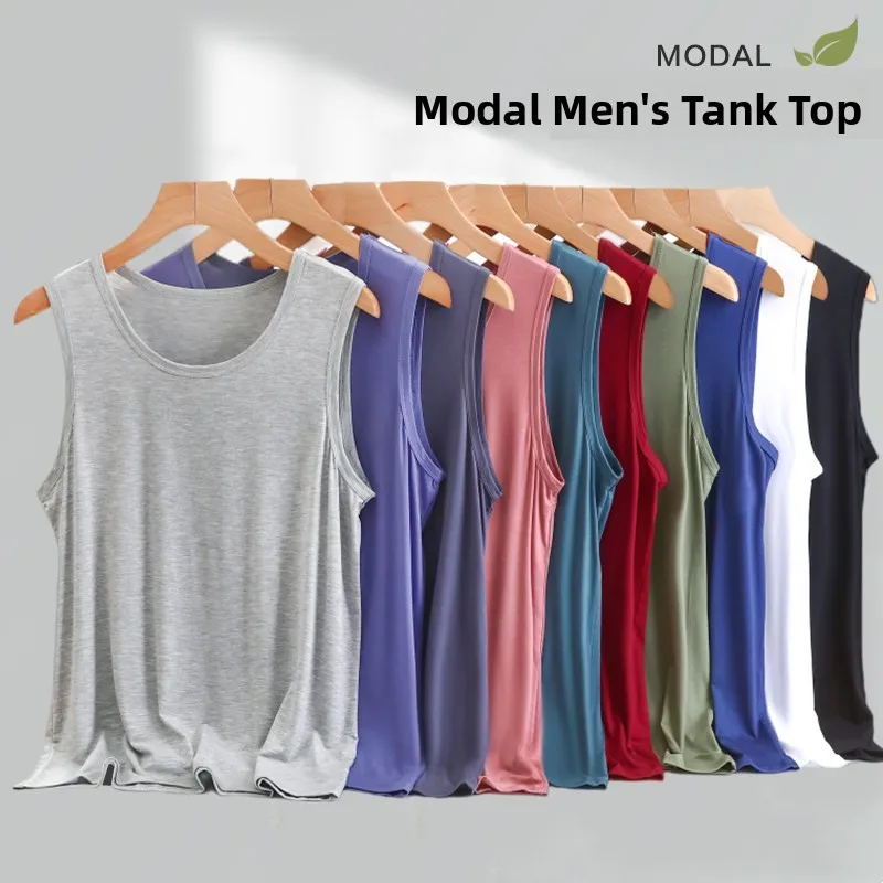 plus Size Men's Modal Tank Top Summer Loose Sporty Sleeveless T-Shirt round Neck Versatile  Color Shoulder Pad Shirt
