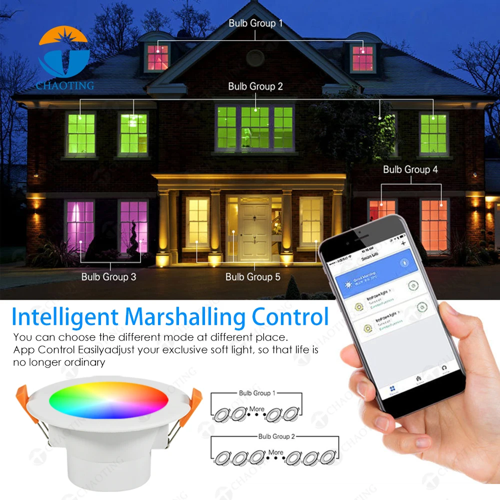 

Wifi Intelligent Remote Control Rgb+Cct 2700-6500K 6W9W 12W Led Smart Downlight Tuya Alexa, Google Voice Control Changing Colors